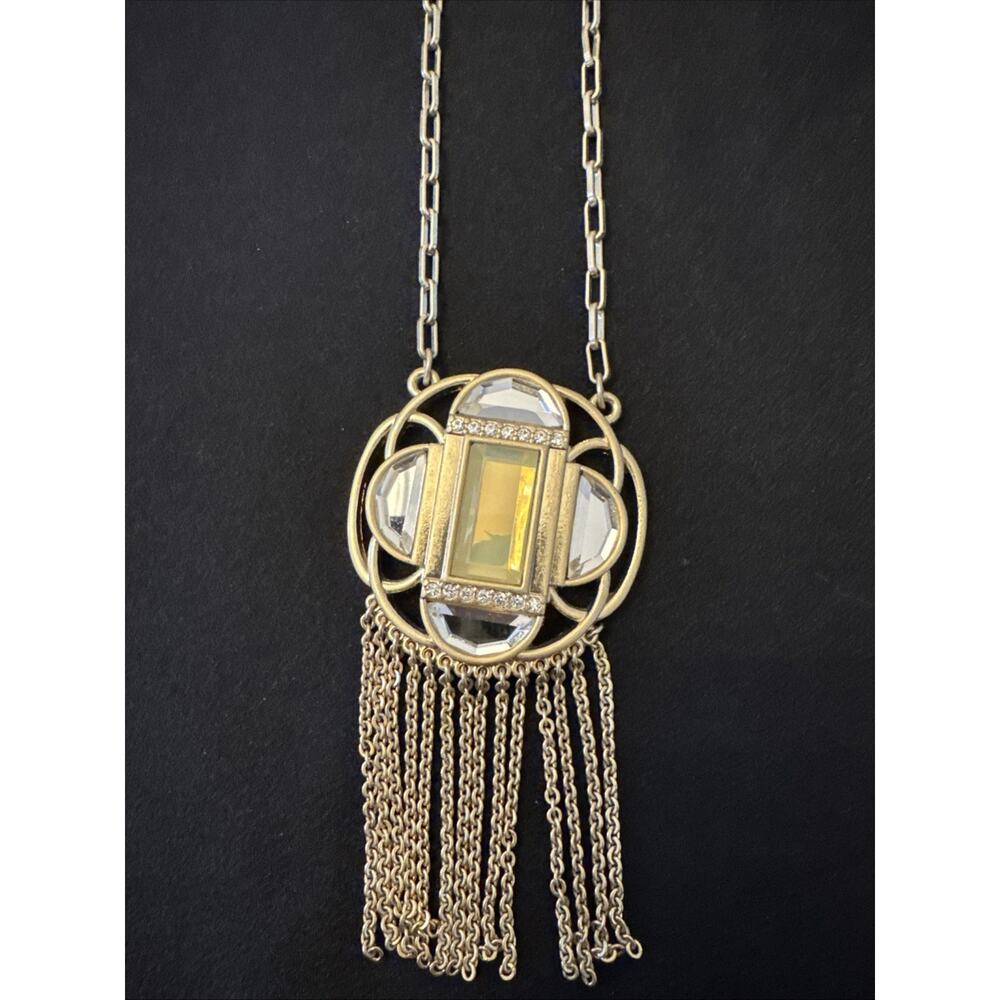 Lia Sophia “Compass” Yellow Resin Clear Glas Crystals Gold Tone Pendant Necklace